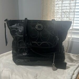 Leather Coach Black Tote Purse F1280-F19198 Signature Sis C Stitch Double Handle